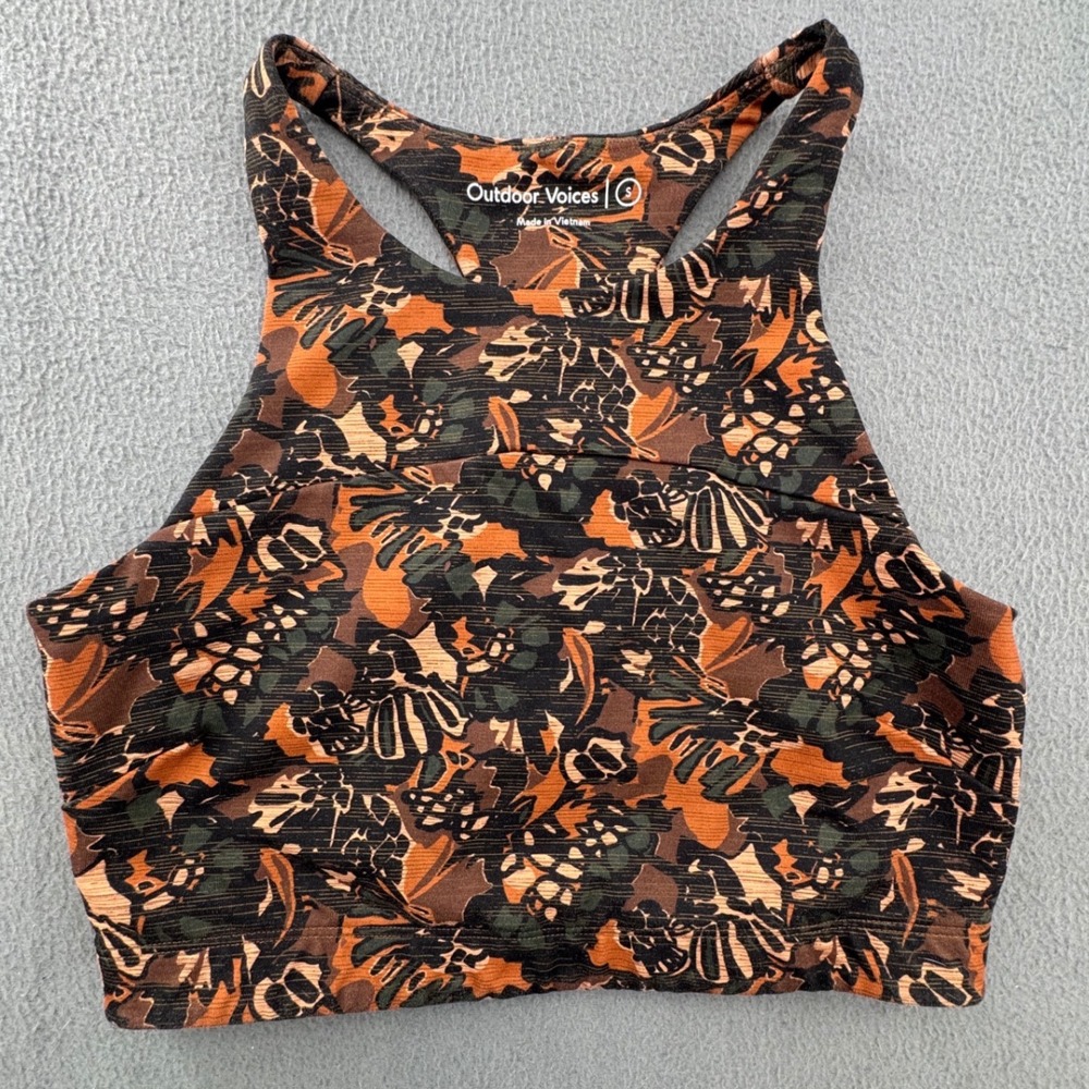 Outdoor Voices Sports Bra Small Brown Floral High Neck Crop Athletic Gym Earthy